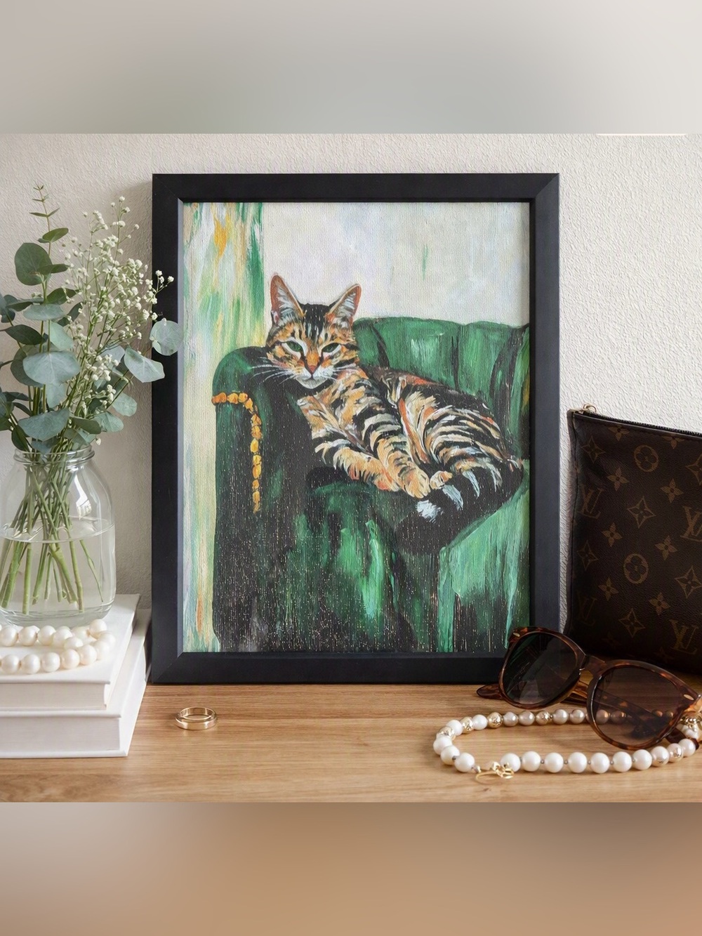 Framed 8x10 Tabby Cat on Green Armchair Art Print
